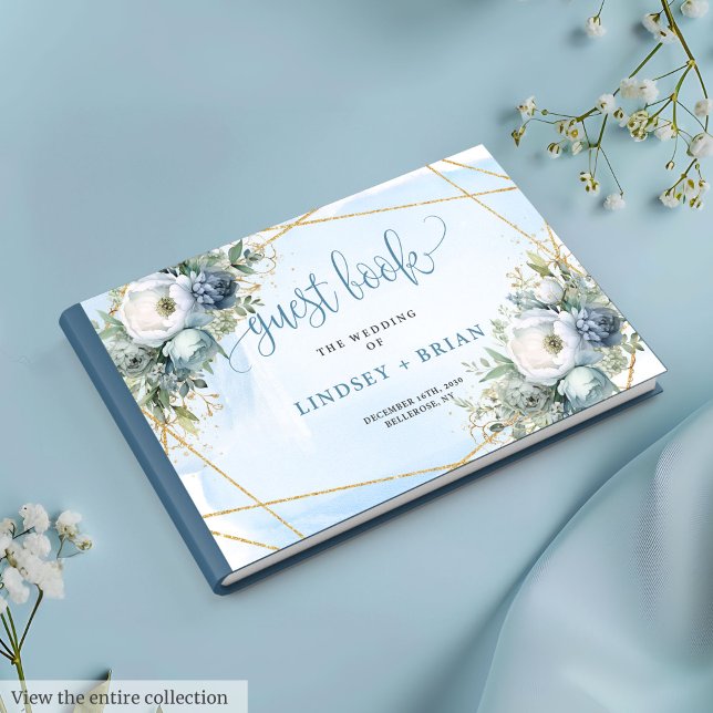 Visitas Elegante Pastel Azul Blanco Oro Floral Libro de In (Elegant Pastel Blue White Gold Floral Guest Book)