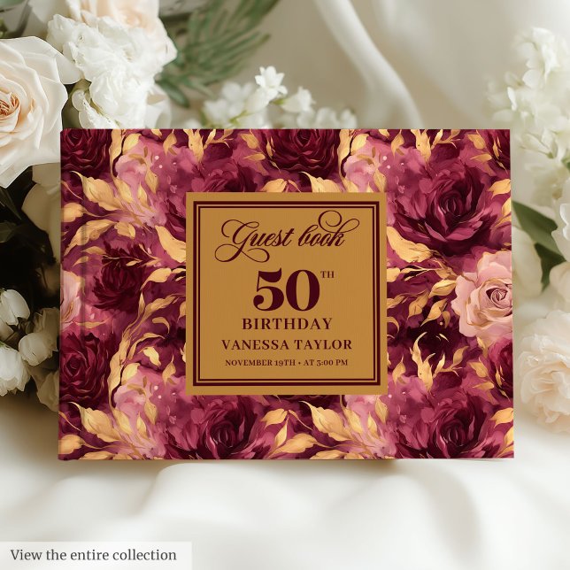 Visitas Elegantes rosas de oro burdeos ruidosos 50º libro  (Elegant Boho Burgundy Gold Floral 50th Guest Book)