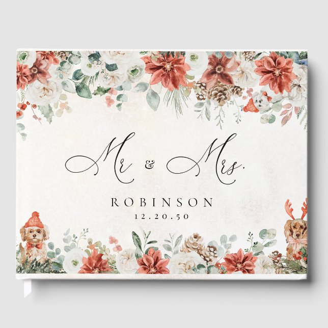 Visitas Invierno Red Greenery Pinecone Boda Libro de invit (Anverso)