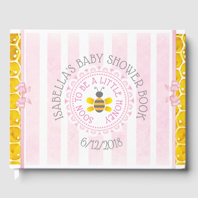 Visitas Libro Baby Shower Personalizado de abejas rosas Bu (Anverso)