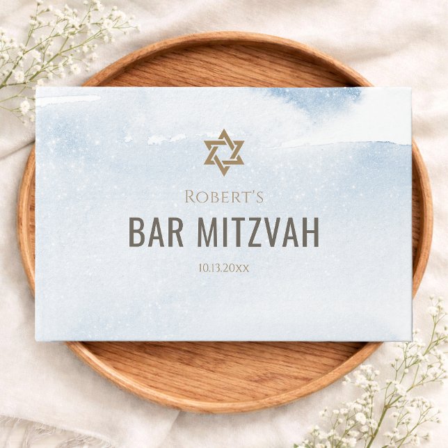 Visitas Libro de Bar Mitzvah acuarela azul polvoriento (Dusty Blue Watercolor Bar Mitzvah Guest Book)
