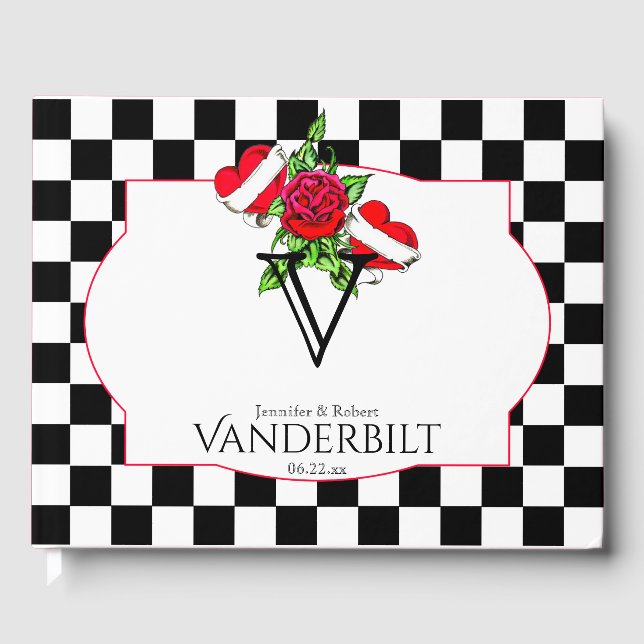 Visitas Libro de Boda de Rockabilly Hearts Rosa (Anverso)