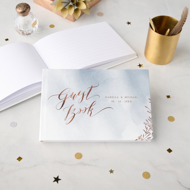 Visitas Libro de boda rústico de caligrafía azul turquesa (Anverso Abierto)