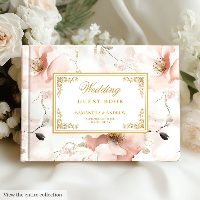 Visitas Libro de bodas de flores de oro rosa polvoriento c (Classic dusty pink gold floral wedding guest book)