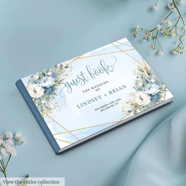 Visitas Libro de Bodas de oro de las flores azules muy sua (Simple Dusty Blue Flowers Gold Wedding Guest Book

)