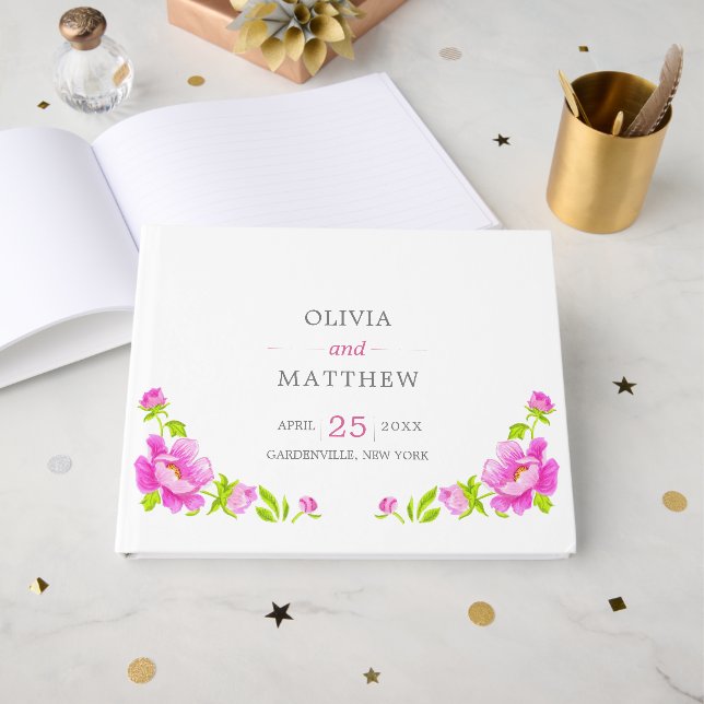 Visitas Libro de Bodas Florales para Pink Peonies (Anverso Abierto)