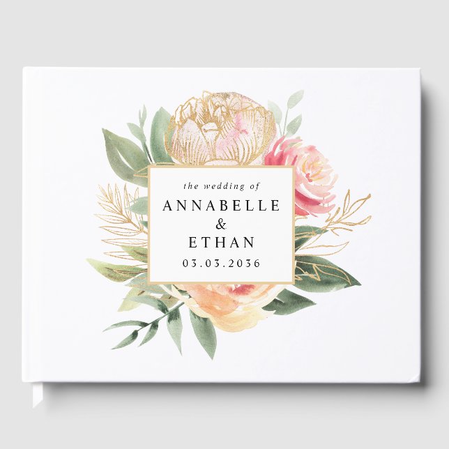 Visitas Libro de Bodas Peony and Gold Flowers (Anverso)