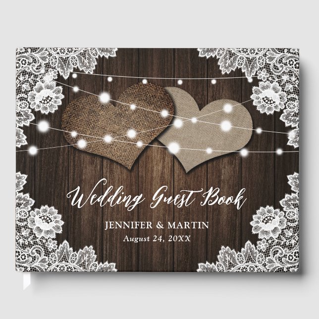 Visitas Libro de Bodas Rustic Wood Burlap Hearts (Anverso)