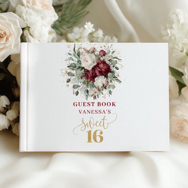 Visitas Libro de Cumpleaños 16 Rojo Burdeos Rubor Intenso (Deep Red Blush Burgundy 16th Birthday Book)