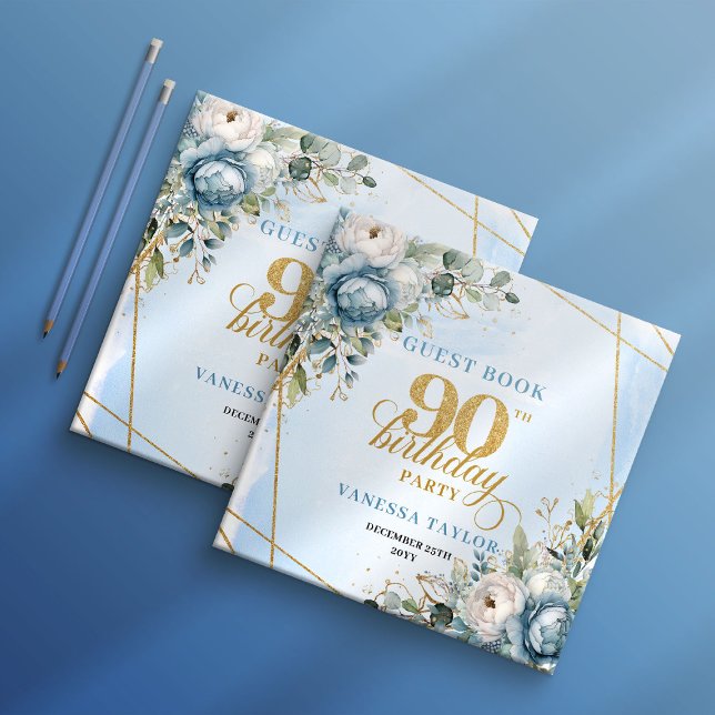 Visitas Libro de cumpleaños 90 encantador en azul claro y  (Enchanting Light Blue Gold 90th Birthday Guest Book)