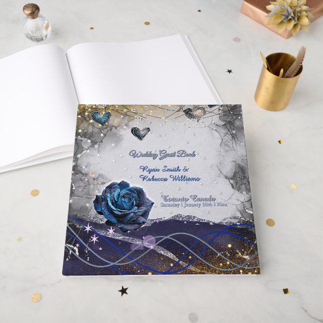 Visitas Libro de Firmas Boda Navy Plata Dorado (Anverso Abierto)