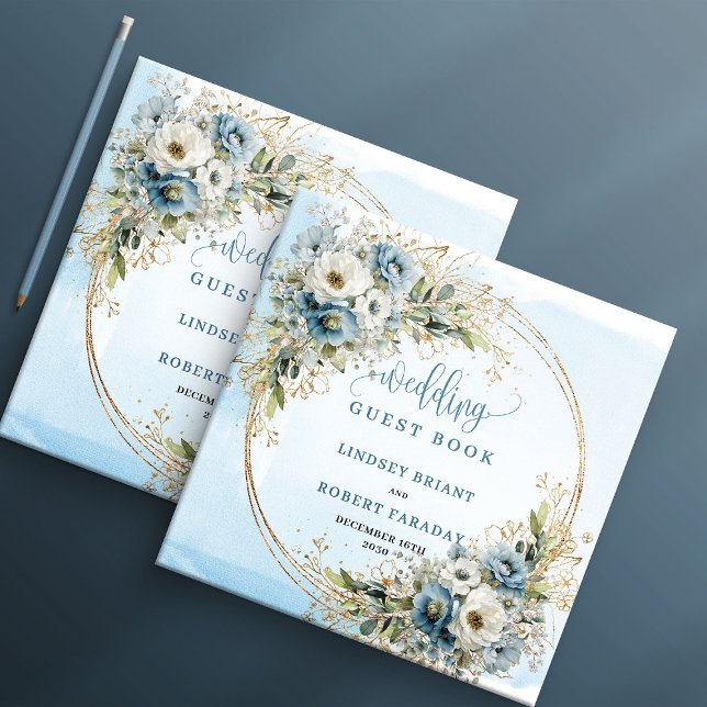 Visitas Libro de firmas con flores de azul pastel y brillo (Pastel Blue Floral Greenery Gold Glitter Guest Book

)