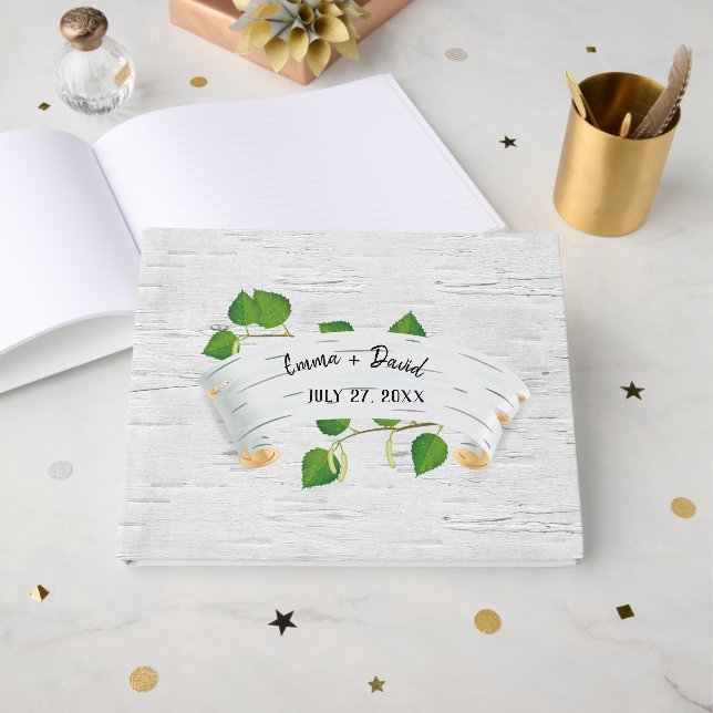 Visitas Libro de firmas de boda con pancarta de abedul (Anverso Abierto)