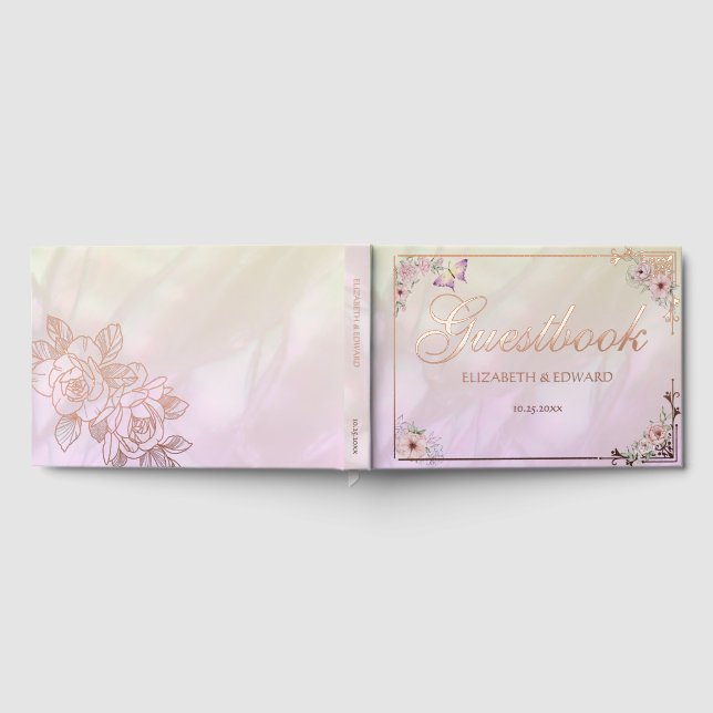 Visitas Libro de firmas de boda con peonía de champán vint (Lleno)