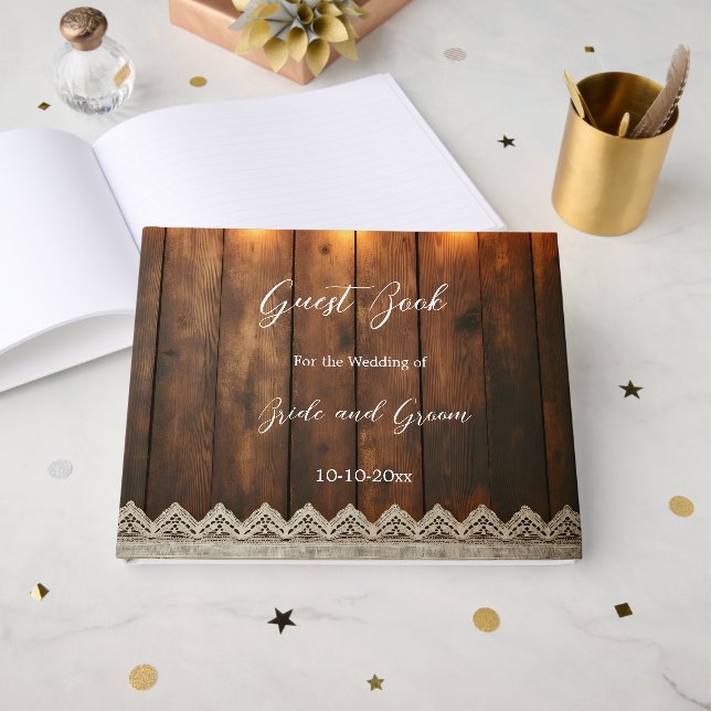 Visitas Libro de firmas de boda de Madera Rústica y Encaje (Anverso Abierto)