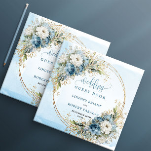 Visitas Libro de firmas de boda dorado con flores azules e
