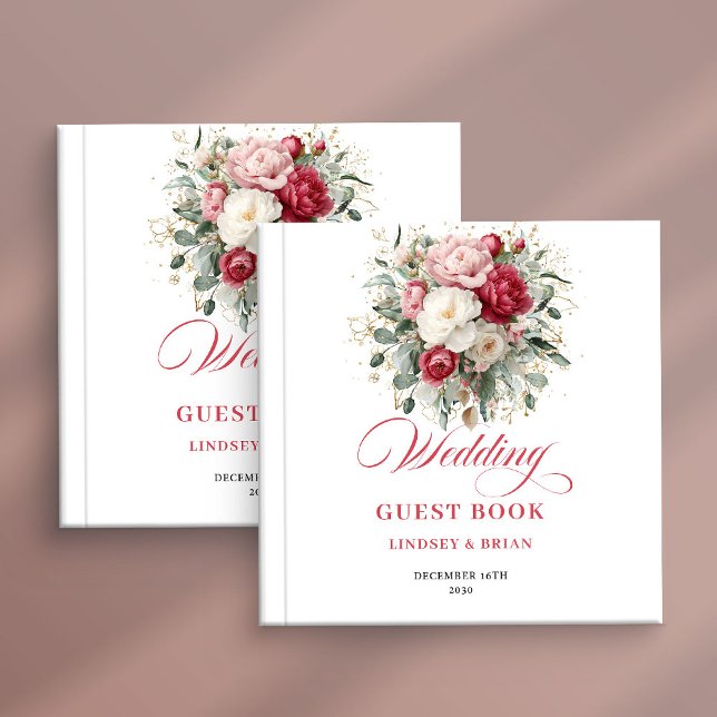 Visitas Libro de firmas de boda floral con rubor rojo pers (Burgundy Blush flowers wedding guestbook,
crimson red ruby guest book ,
Watercolor Soft pink floral )