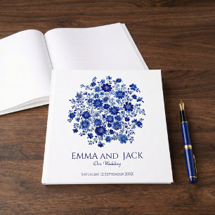 Visitas Libro de firmas de boda floral de Chinoiserie azul