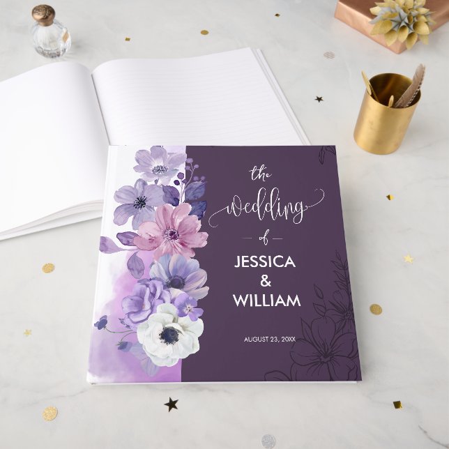 Visitas Libro de firmas de boda floral de lavanda (Anverso Abierto)