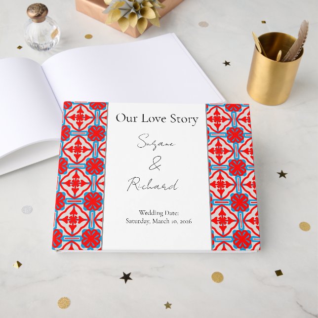 Visitas Libro de firmas de boda geométrico rojo personaliz (Anverso Abierto)