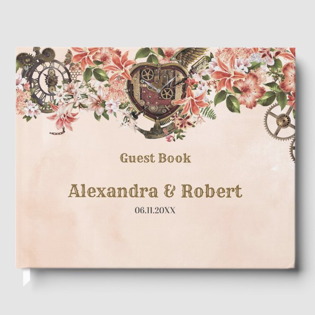 Visitas Libro de firmas de boda steampunk floral (Anverso)