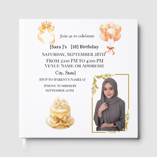 Visitas Libro de firmas de cumpleaños 18 con hiyab | Oro y (Anverso)