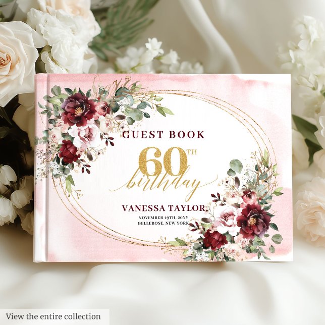 Visitas Libro de firmas de cumpleaños 60 Boho Deep Red Gol (Boho Deep Red Gold Floral 60th Birthday)