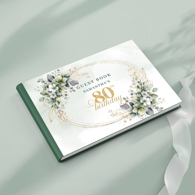 Visitas Libro de firmas de cumpleaños 80 con follaje verde (Rustic Greenery Foliage 80th Birthday Guest Book)