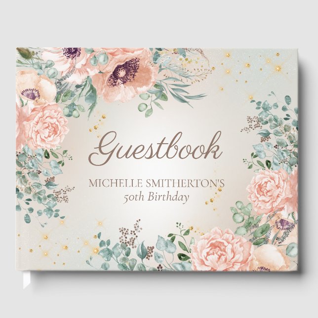 Visitas Libro de firmas de cumpleaños con flores rosadas y (Anverso)