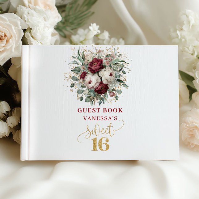 Visitas Libro de firmas de cumpleaños número 16 con eucali (Eucalyptus Sweet 16 Blush Burgundy Sign Book)