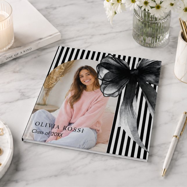 Visitas Libro de firmas de graduación Coquette con lazo ne (Elegant Black Bow graduation Guest Book)
