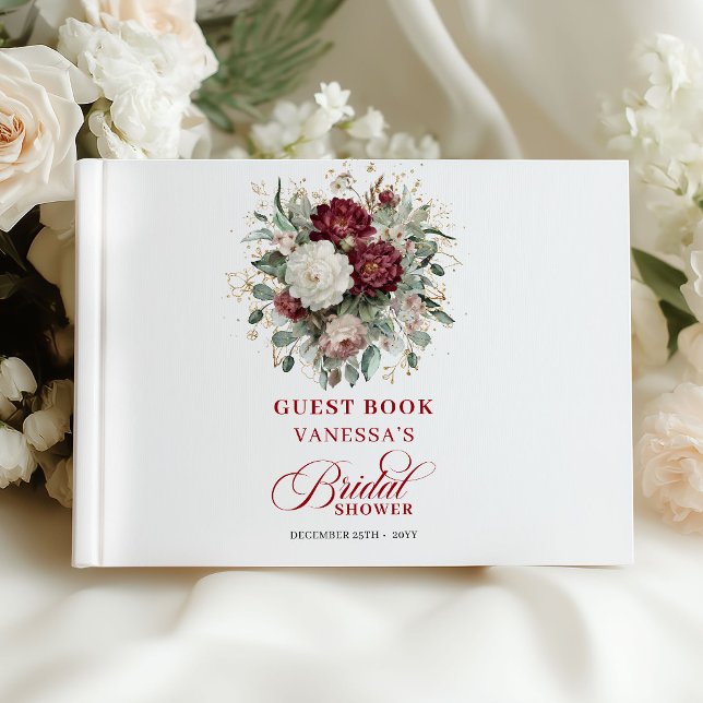 Visitas Libro de firmas de lujo para fiesta de desayuno nu (Luxe Burgundy Floral Bridal Shower Guest Book)