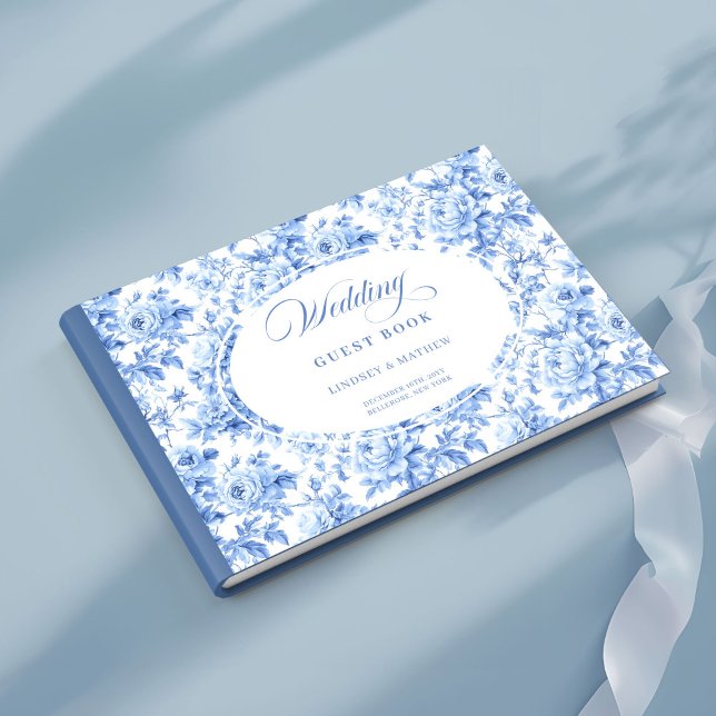 Visitas Libro de firmas de rosas Toile Royal Blue sofistic (Sophisticated Royal Blue Toile Roses Guest Book)