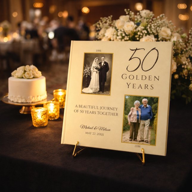 Visitas Libro de firmas del 50º Aniversario Champagne Gold (Champagne gold 50th anniversary guestbook on easel display)