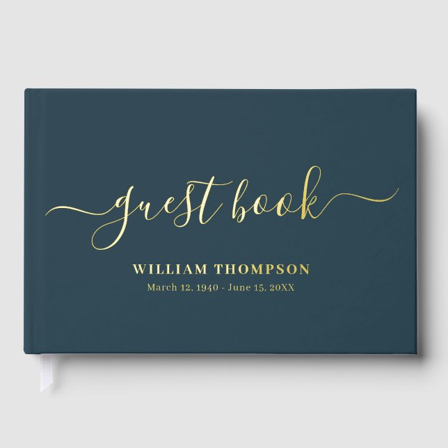 Visitas Libro de firmas funeral elegante Script Navy Gold (Anverso)
