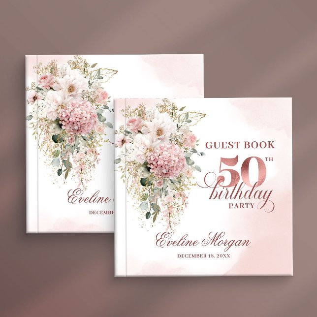 Visitas Libro de firmas para cumpleaños 50 Chic Rosa Dorad (Chic Rose Gold Eucalyptus 50th Birthday Guest Book)