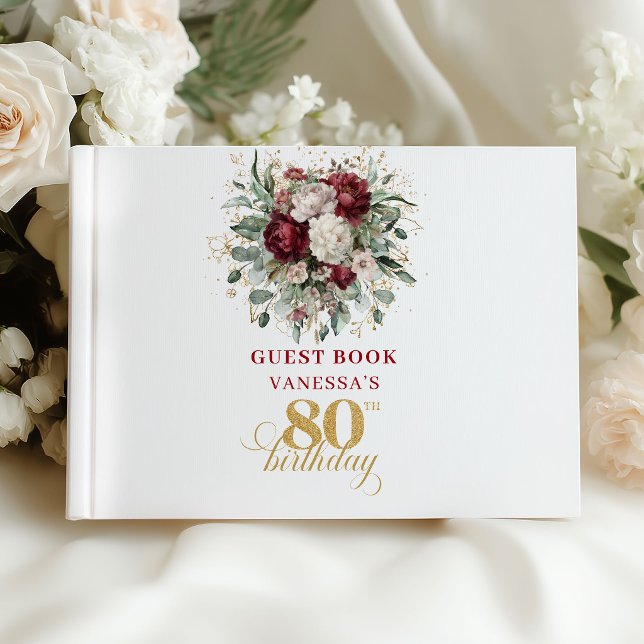 Visitas Libro de firmas para cumpleaños 80 Boho Maroon Flo (Boho Maroon Floral 80th Birthday Guest Book)