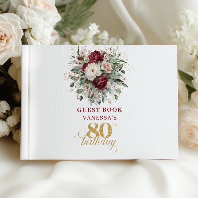 Visitas Libro de firmas para cumpleaños número 80 con flor (Bohemian Burgundy Floral 80th Birthday Guest Book)