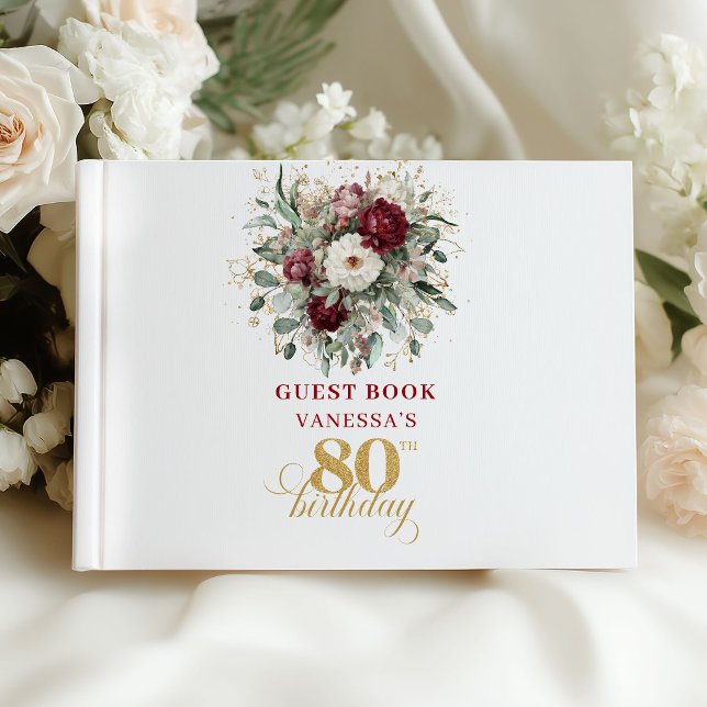 Visitas Libro de firmas para cumpleaños número 80 con flor (Boho Deep Red Floral 80th Birthday Guest Book)