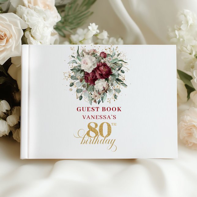 Visitas Libro de firmas para cumpleaños número 80 con flor (Designer Burgundy Floral 80th Birthday Guest Book)