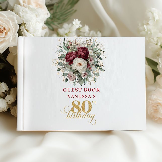 Visitas Libro de firmas para cumpleaños número 80 con flor (Beautiful Burgundy Floral 80th Birthday Guest Book)