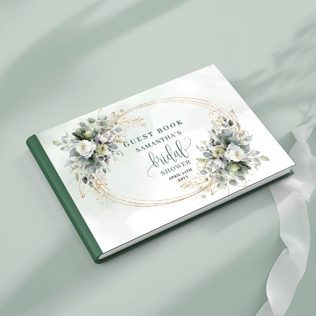 Visitas Libro de firmas para despedida de soltera en acuar (Watercolor Green Gold Bridal Shower Guest Book)