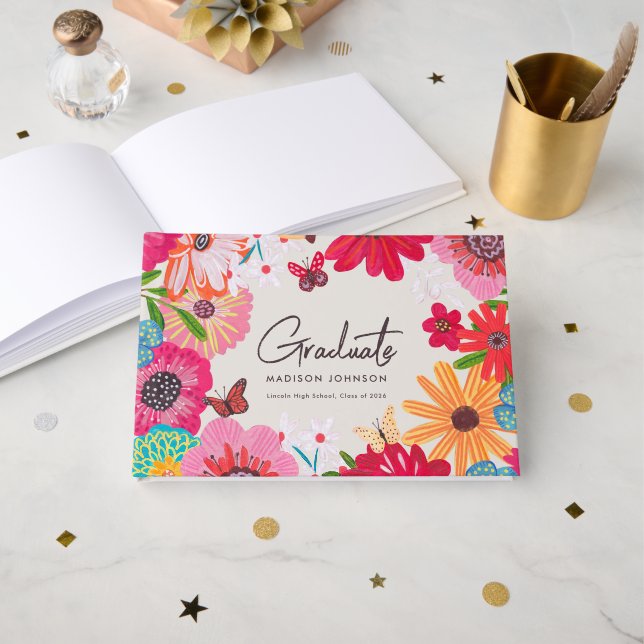 Visitas Libro de firmas para fiesta de graduación floral c (Anverso Abierto)