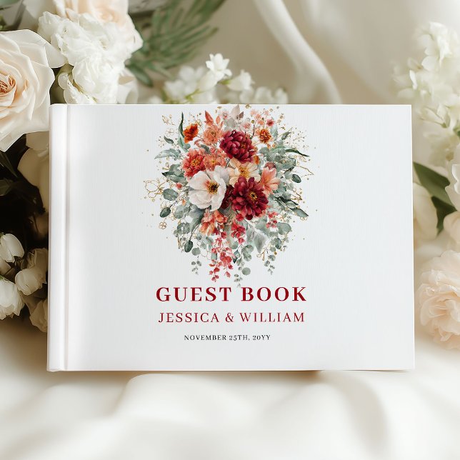 Visitas Libro de firmas para invitados de boda otoñal en r (Chic Deep Red Marsala Autumn Wedding Guest Book)