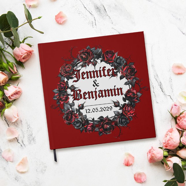 Visitas Libro de firmas para invitados de boda Rosa Gótica (Red wedding guest book with dark rosaes wreath)