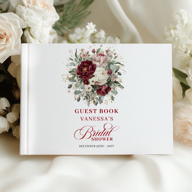 Visitas Libro de firmas para invitados de despedida de sol (Luxury Burgundy Floral Bridal Shower Guest Book)