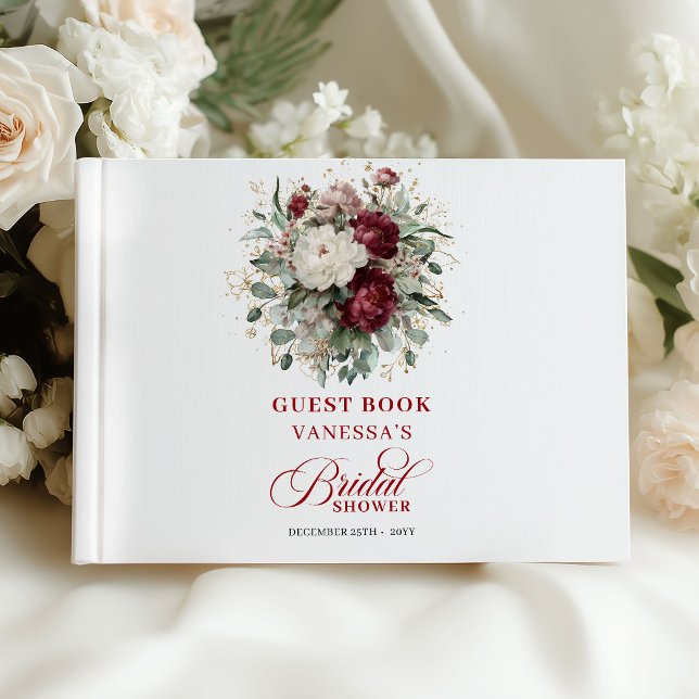 Visitas Libro de firmas para invitados de la ducha nupcial (Botanical Burgundy Floral Bridal Shower Guest Book)