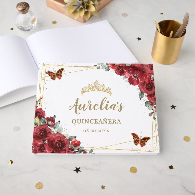 Visitas Libro de firmas Quinceañera Flores Rojas Mariposas (Anverso Abierto)