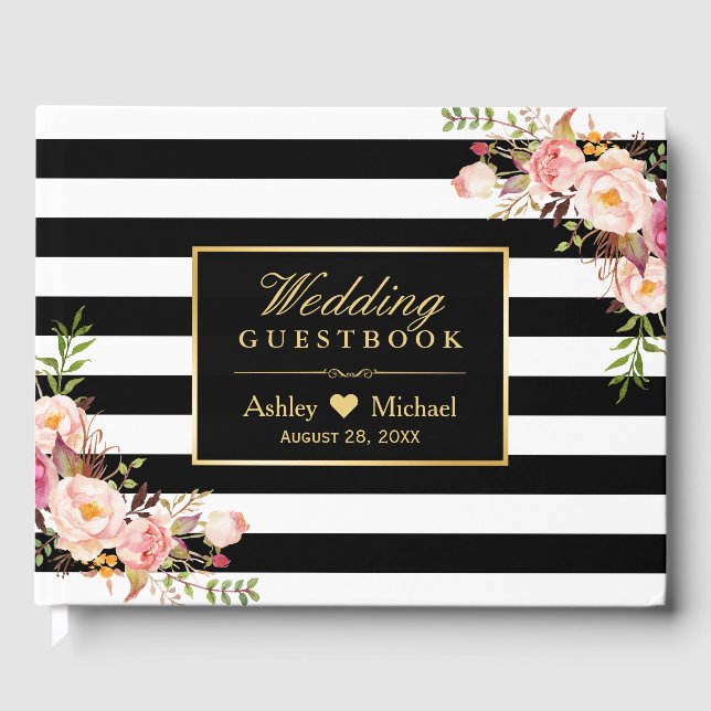 Visitas Libro de invitado de Bodas florales Black White St (Anverso)