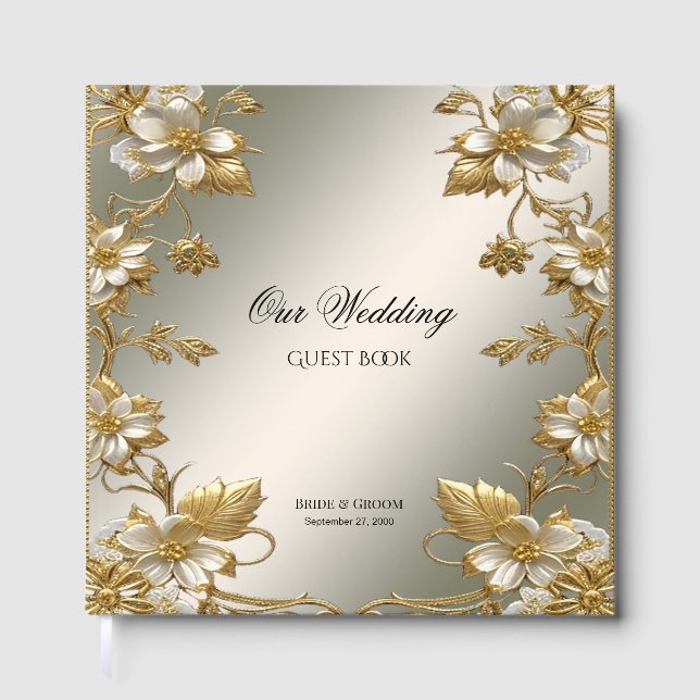 Visitas Libro de invitado de White Floral Gold Ornate (Anverso)